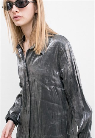 VINTAGE SHINY SILVER TOP ELEGANT METALLIC WRINKLED BLOUSE