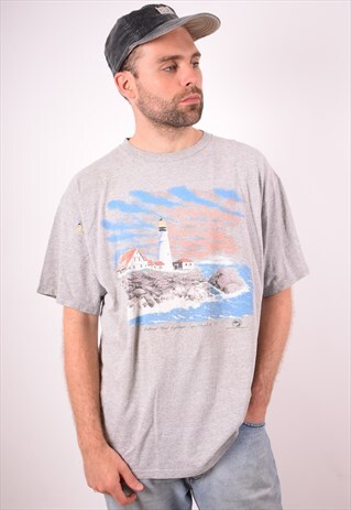 MENS VINTAGE T-SHIRT TOP LARGE GREY 90S