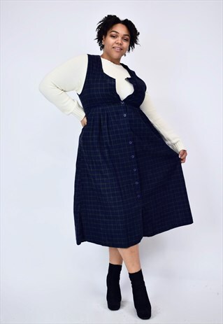 VINTAGE 90'S NAVY & GREEN PLAID CORDUROY LONG BUTTON DRESS