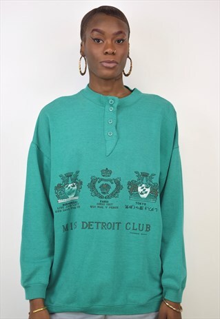 VINTAGE 90S "MIS DETROIT CLUB" GREEN BUTTONED UP SWEATSHIRT