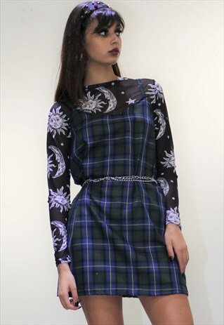 90S GRUNGE TARTAN CHECK SLIP DRESS IN BLUE