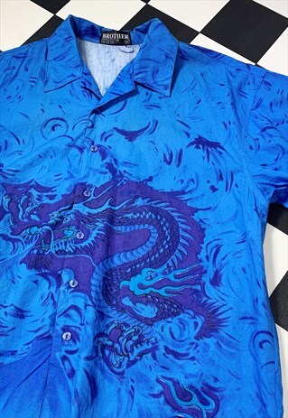 VINTAGE 00S Y2K DRAGON BOWLING SHORT SLEEVE SHIRT IN BLUE
