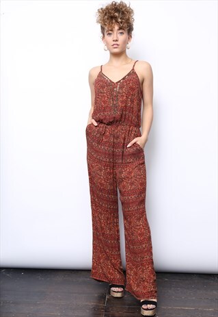 BURNT ORANGE BOHO PRINT EMBELLISHED JUMPSUIT