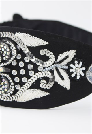 BLACK HEADBAND, HAND BEADED HEADBAND,SILVER SEQUINS HAIRHOOP