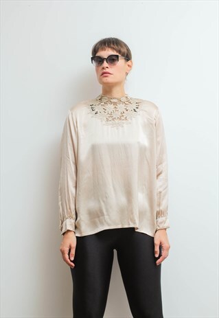 VINTAGE SILK SATIN EMBROIDERED BLOUSE