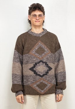 Vintage 80's Men Aztec Crewneck Sweater in Brown