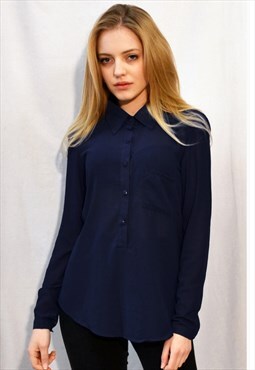 Plain color Chiffon Shirt with Gold Buttons (Navy blue)