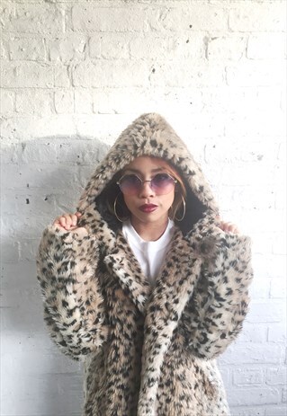 LEOPARD PRINT FAUX FUR COAT WITH HOOD (1990'S/LONGLINE)