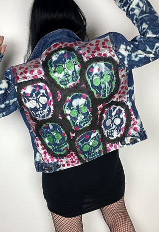 PERSONALITY CRISIS - HAND PAINTED SKULL DENIM JACKET SIZE 14