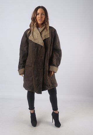VINTAGE SUEDE SHEEPSKIN SHEARLING COAT UK 20 XXXL (B3G)