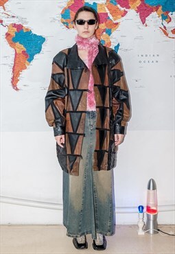 90's Vintage geometric leather jacket in black/brown