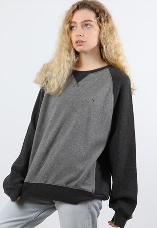 VINTAGE TOMMY HILFIGER XL GREY EMBROIDERED LOGO SWEATSHIRT