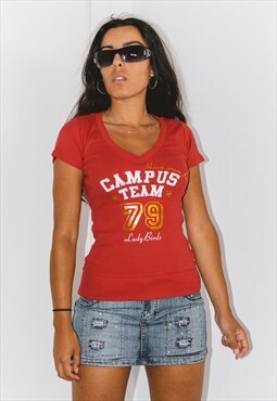 Vintage Y2k V neck Graphic T-shirt In Red