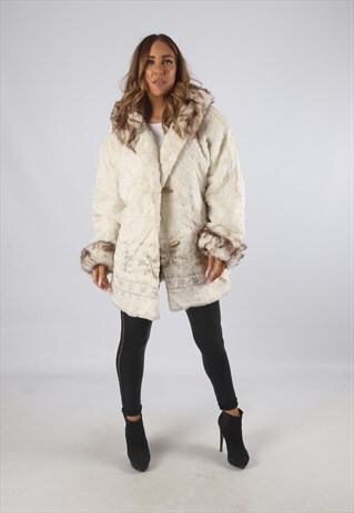 VINTAGE FAUX FUR COAT JACKET HOODED UK L 14 (9BC)