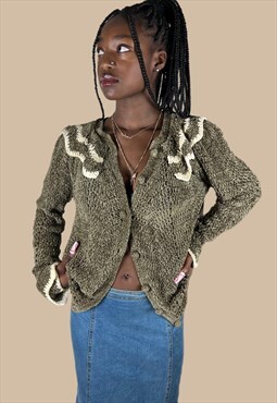 Vintage 90s Cardigan Sweater Chenille with Ruffle Collar