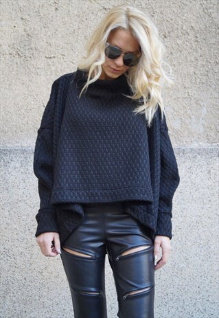 BLACK SWEATER KNITWEAR LOOSE MAXI BLOUSE PULLOVER F1645