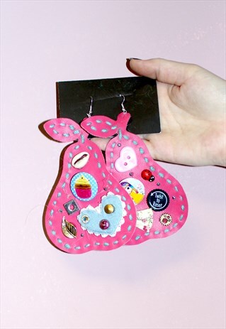 KITSCH PINK PEAR EARRINGS PASTEL BRIGHT PATCHWORK BADGE CUTE