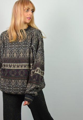 VINTAGE 90S DARK GREY PATTERN KNITTED GRANDAD JUMPER