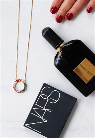 GOLD MUTICOLOUR RAINBOW CIRCULAR PENDANT STATEMENT NECKLACE