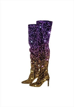 Sequins Gradient Color Pointed Toe Thigh High Stiletto Boots