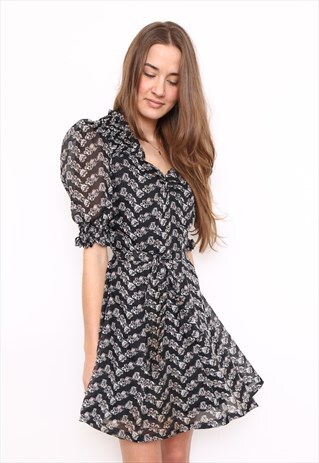 VINTAGE 70S BLACK FLORAL PRINT MINI DRESS