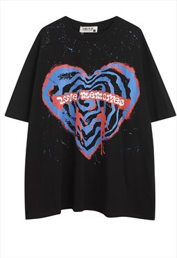 Heart print t-shirt Dark plan tee retro graffiti top black 