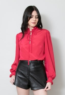 70's Vintage Ladies Red Long Sleeve Pussy Bow Blouse
