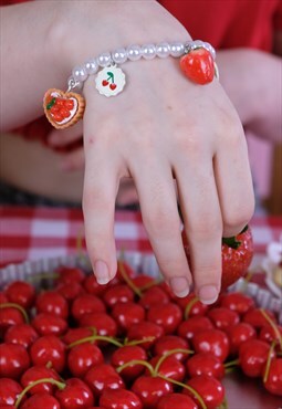Strawberry cherry pearl style charm bracelet red cute fruit