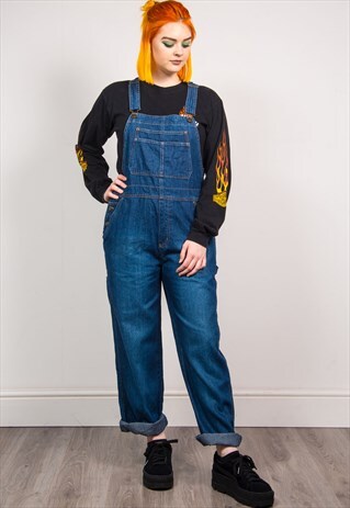 VINTAGE 90'S DARK BLUE DENIM LONG LENGTH DUNGAREES