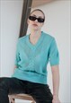 VINTAGE 80S SHORT SLEEVE V-NECK KNITTED TOP IN BLUE S/M