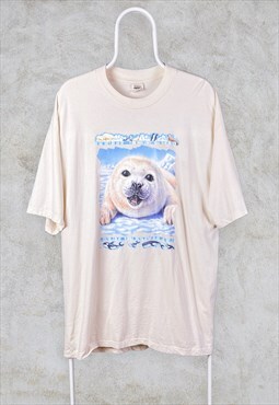 Vintage Seal Animal Graphic T-Shirt Cream Jerzees XXL