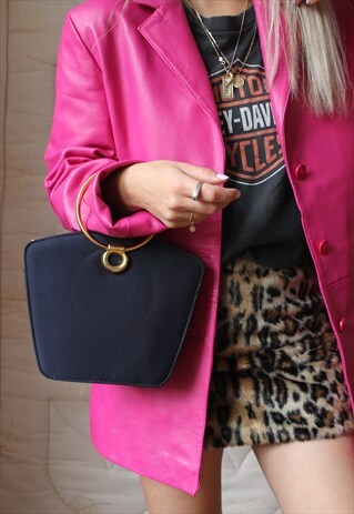 VINTAGE 90S NAVY BLUE GOLD HANDLE HANDBAG
