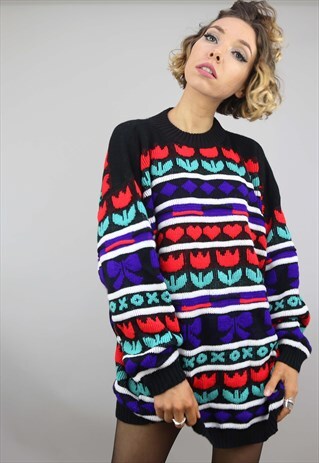 VINTAGE 80S 90S OVERSIZED PATTERNED KNIT JUMPER