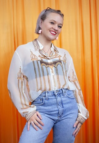VINTAGE 90S BLOUSE CREAM BROWN MESH BUILDING LONG SLEEVED