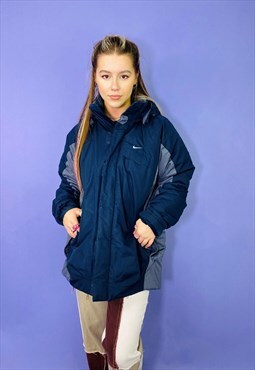 Vintage 90s Nike Swoosh Embroidered Navy Puffer Coat