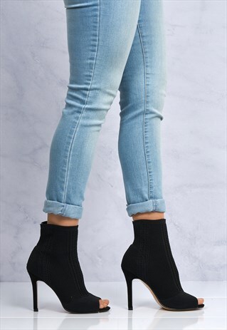 KNIT DETAIL PEEPTOE ANKLEBOOT IN BLACK KNIT