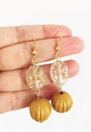 HANDMADE CLEAR AND GOLD BEAD WITH STONE EARRING