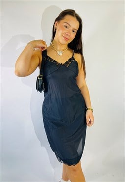 Vintage Size XS Satin Lace Mini Slip Dress in Black