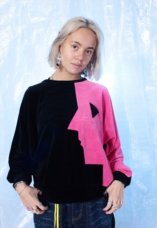 VINTAGE BLACK AND PINK VELOUR JUMPER