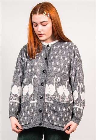 VINTAGE 90'S GREY KNIT SWAN PRINT CARDIGAN