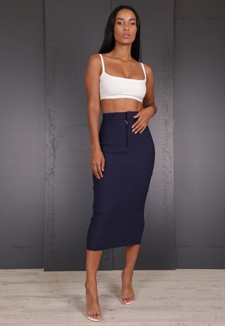 AYM CHARLES TWILL MIDI SKIRT IN NAVY