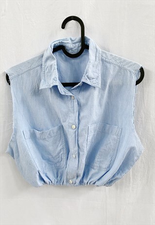 VINTAGE 90S REWORKED BABY BLUE DENIM BOHEME BLOUSE CROP TOP