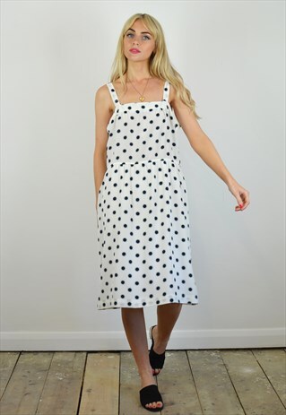 VINTAGE 80S WHITE & NAVY SPOTTY SUMMER MIDI DRESS