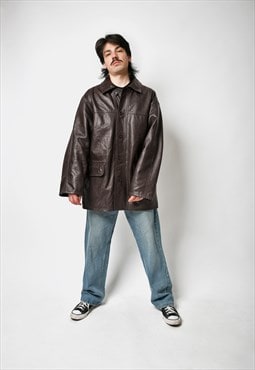 Vintage leather mid length coat in dark brown colour for men
