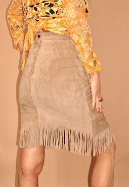 Vintage 70's beige genuine suede fringed high waist skirt