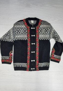 70's Traditional Norwegian Cardigan Black Multi Floral