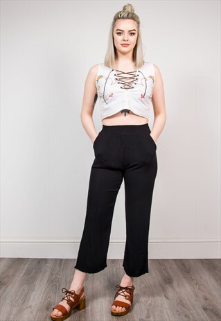 RETRO VINTAGE BLACK WIDE LEG CULOTTE TROUSERS