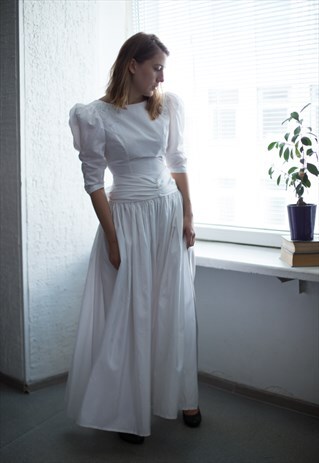 VINTAGE 70'S WHITE MAXI PUFF SLEEVED WEDDING DRESS