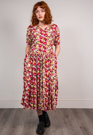 90'S VINTAGE PINK BRIGHT FLORAL PATTERN MIDI DRESS
