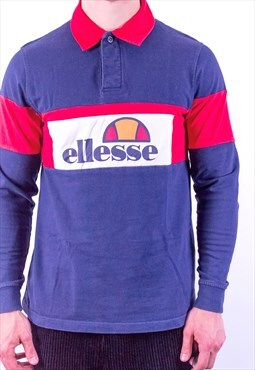 Vintage Ellesse Spell Out Rugby Polo Shirt in Blue Medium